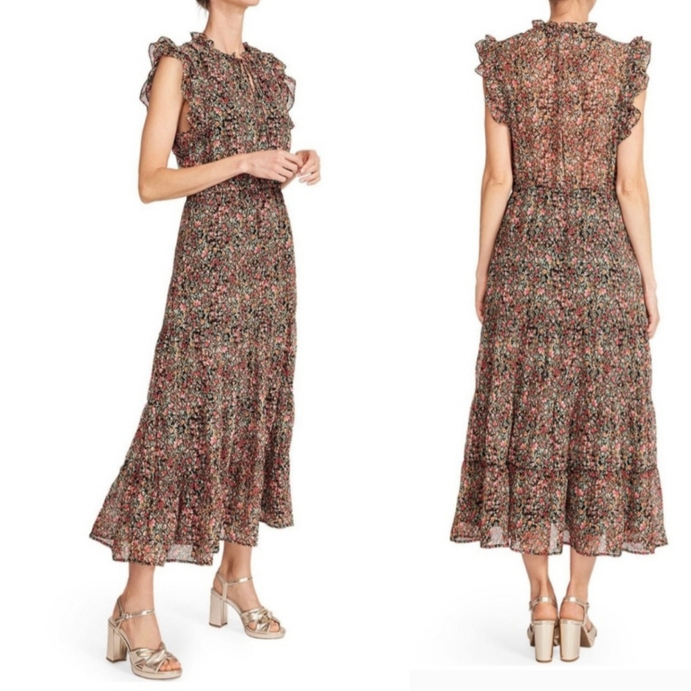 Steve Madden BB Dakota Bohemian Sheer Floral Ruffle Sleevless Midi Dress